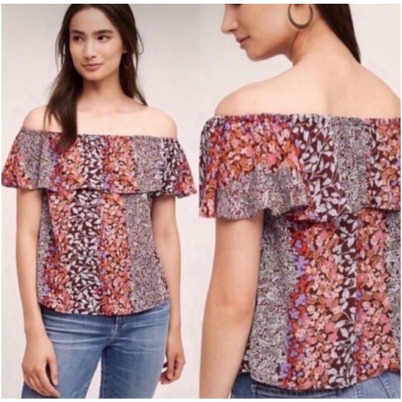 MAEVE Off The Shoulder Floral Print Top Purple Orange - Picture 1 of 4
